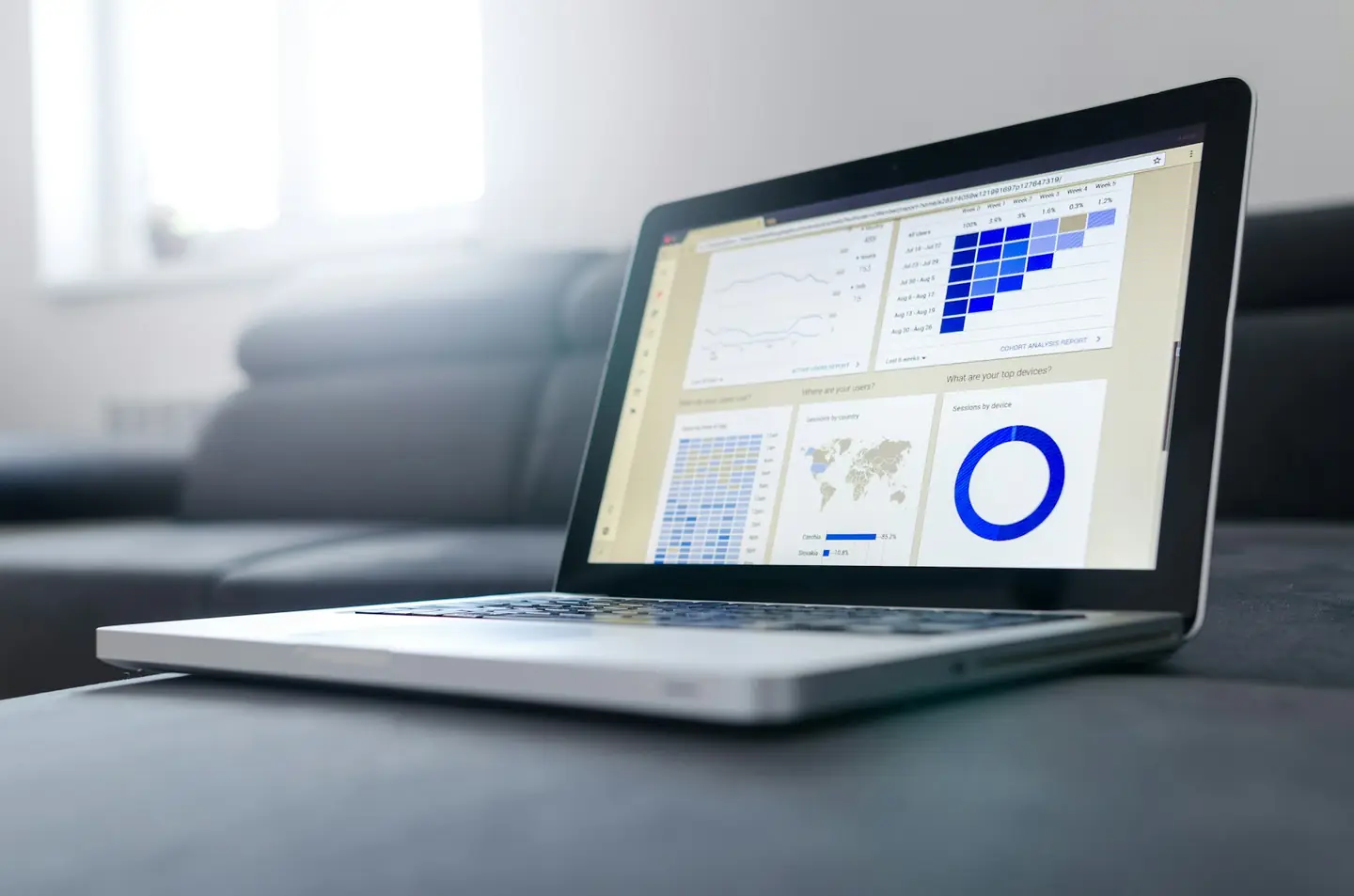Laptop displaying analytics charts on a sofa